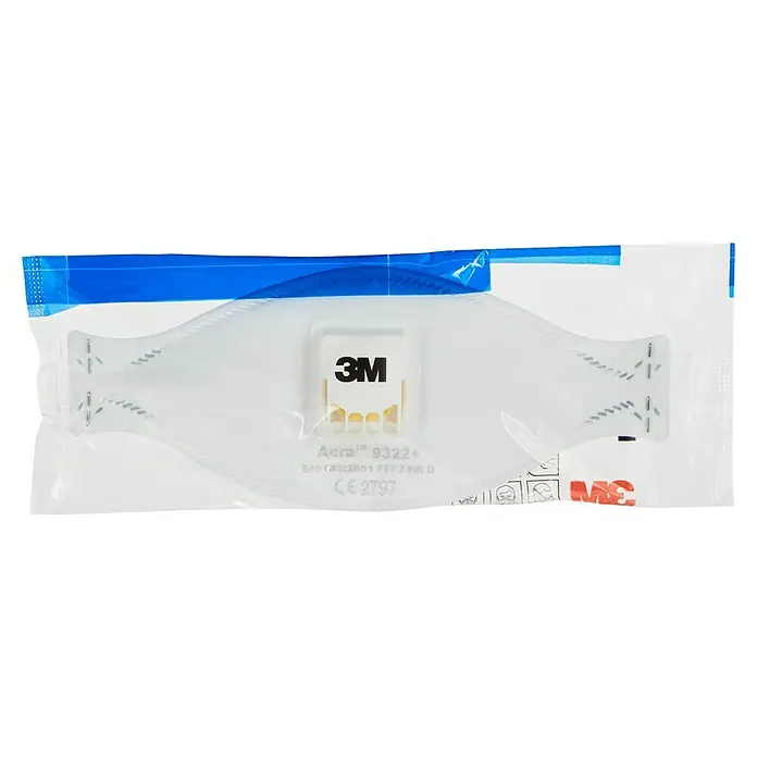 3M Set de pintor - Específico para: pintores - Un respirador 3M Aura 9322+ individualmente empaquetado, un equipo de protección personal contra partículas, dentro de un sobre transparente con una franja azul.