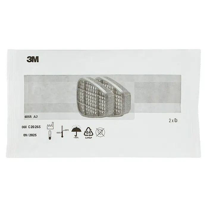 3M Set de pintor - Específico para: pintores - Imagen de un cartucho de filtro de gas 3M 6055 A2, que proporciona protección contra vapores orgánicos. La fecha de caducidad es 09/2025.