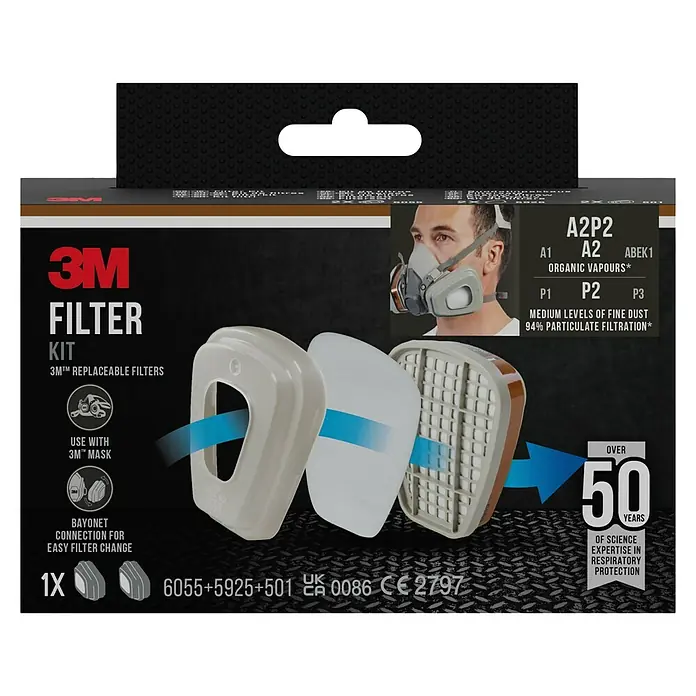 3M Filtro de repuesto - Protección contra: Gases orgánicos - Imagen del producto de un kit de filtro 3M con filtros reemplazables, adecuado para máscaras 3M y con conexión de bayoneta.