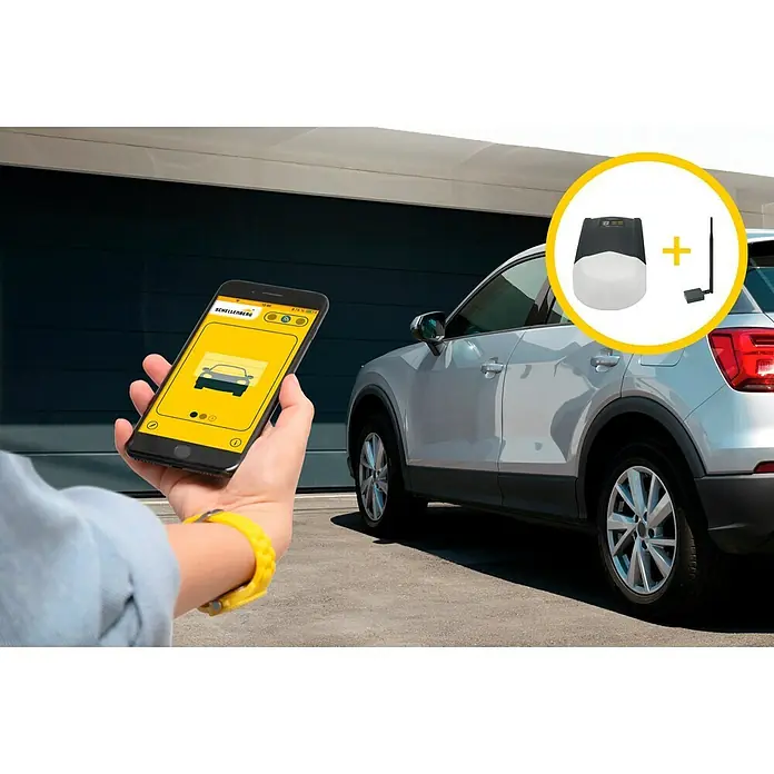 Schellenberg Garagentorantrieb Powerlift 1000N - Torfläche: 16 m², Zugkraft: 1.000 N - Smartphone-Steuerung für Garagentoröffner: Das Schellenberg Garagentor-System für bequemes Öffnen und Schließen per App, neben dem Auto.