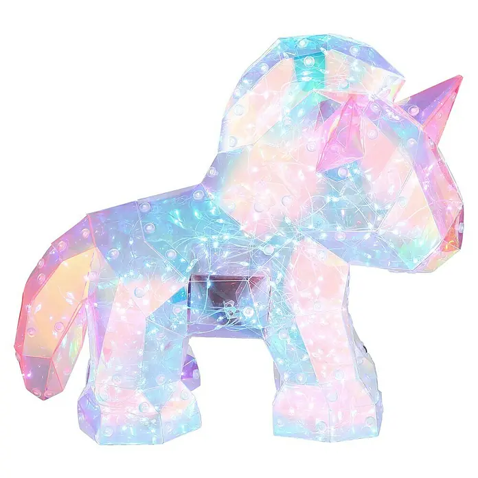 Globo LED-Dekoleuchte Einhorn - 0,03 W, L x B x H: 30 x 14 x 26 cm, Transparent/ Irisierend - Funkelndes Einhorn-Dekorationsstück mit geometrischem Design und bunten Lichtern, ideal für festliche Beleuchtung und als Blickfang.