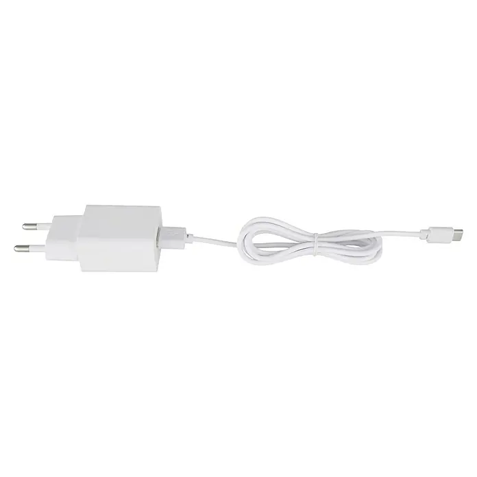 Globo LED-Dekoleuchte Einhorn - 0,03 W, L x B x H: 30 x 14 x 26 cm, Transparent/ Irisierend - Weißes Ladegerät mit Eurostecker und USB-Kabel. Das Kabel ist ordentlich zusammengerollt und für den Transport vorbereitet.