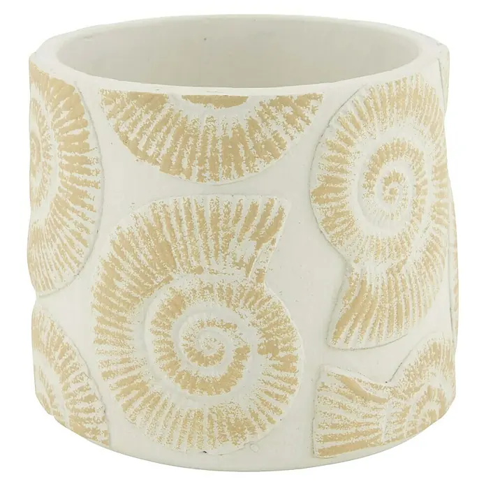 Maceta para planta Fosiles - Dimensiones externas (Ø x Al): 15 x 13 cm, Hormigón, Blanco/Beige - Una maceta de color crema con decorativos patrones de fósiles en espiral, ideal para plantas de interior con estilo.