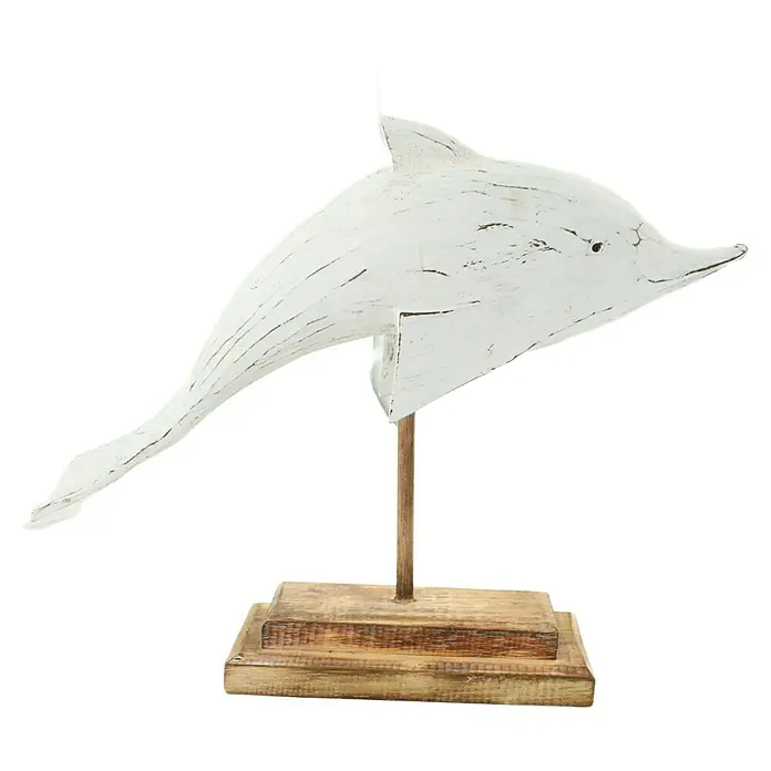 Figura decorativa Delfín - L x An x Al: 38 x 9 x 38 cm, Blanco, Madera, 1 pzs. - Figura decorativa de delfín blanco sobre base de madera, ideal como decoración náutica.