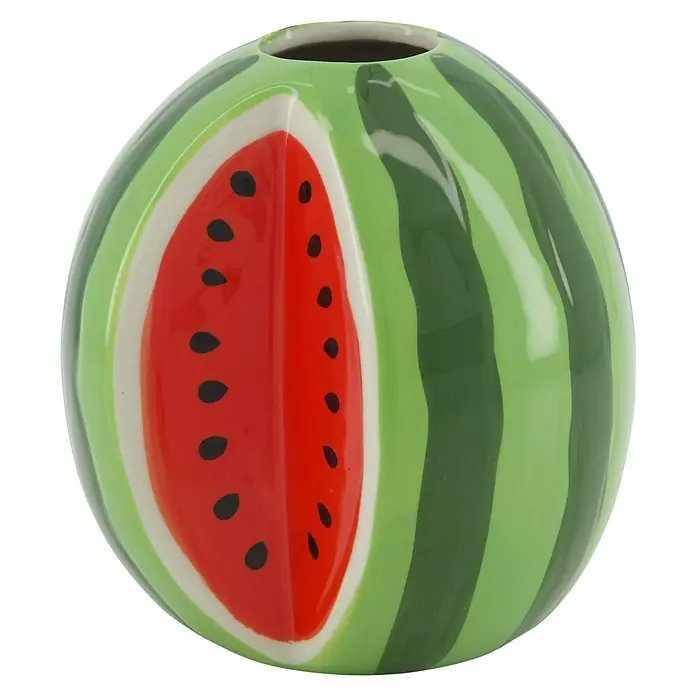 Jarrón Sandía - Ø x Al: 11 x 12 cm, Cerámica, Verde/Rojo - Un jarrón esférico con diseño de sandía, que añade un toque refrescante y juguetón a cualquier habitación, ideal para el verano.