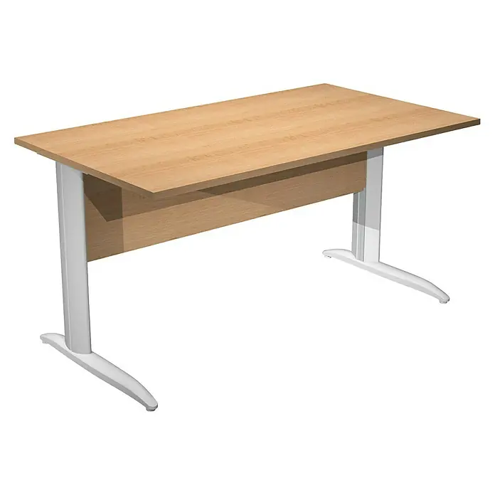 ArtExport Presto Mesa de escritorio - L x An x Al: 80 x 140 x 74 cm, Haya, Pata de metal gris - Mobiliario de oficina moderno: un escritorio de altura regulable con tablero marrón claro y estructura blanca para un entorno de trabajo ergonómico.