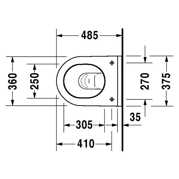 Duravit Starck 3 Wand-WC Compact - Mit Spülrand, Mit antibakterieller Glasur, Spülform: Tief, WC Abgang: Waagerecht, Sichtbarkeit Befestigung: Verdeckt - Technische Zeichnung einer Toilette mit Maßen zur Veranschaulichung der Abmessungen und Installation.