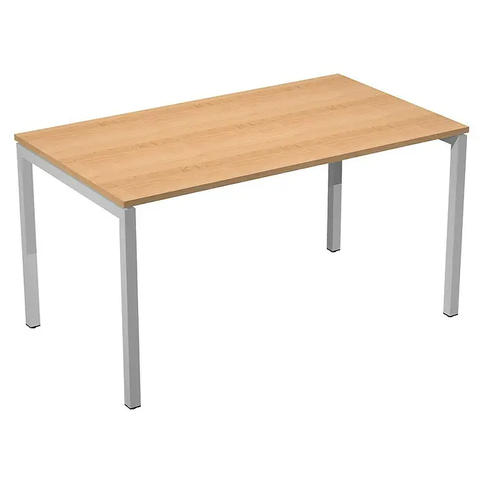 ArtExport Mesa de escritorio Venere - L x An x Al: 80 x 140 x 74 cm, Haya, Patas metálicas grises - Esta imagen muestra una mesa de oficina moderna con un tablero marrón claro y un marco metálico plateado.