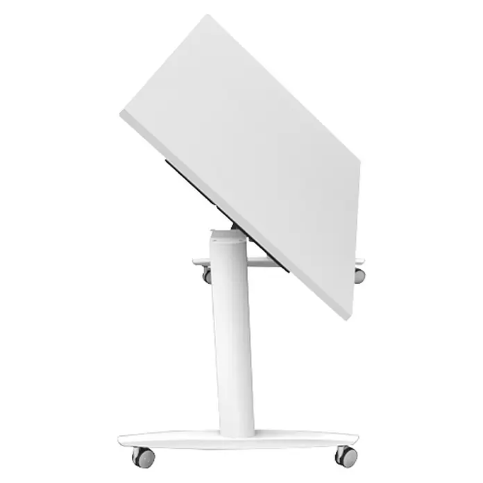 ArtExport Mesa de escritorio Taxi - L x An x Al: 80 x 160 x 74 cm, Blanco, Ruedas - Un primer plano de una mesa de presentación blanca ajustable con ruedas, ideal para presentaciones dinámicas y uso móvil.