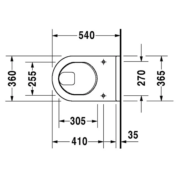Duravit Starck 3 Wand-WC - Mit Spülrand, Ohne Spezialglasur, Spülform: Flach, WC Abgang: Waagerecht, Weiß - Abmessungen der Aufsicht auf eine Toilette mit den Maßen 540x360mm, 270mm Abstand zur Wand, ideal für Badplanung.