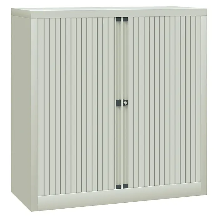 Bisley EuroTambor Armario multiusos metálico - L x An x Al: 45 x 100 x 100 cm, Gris, Puertas correderas, Completamente montado - Imagen de un armario de oficina con persianas enrollables, ideal para guardar y organizar documentos y material de oficina.