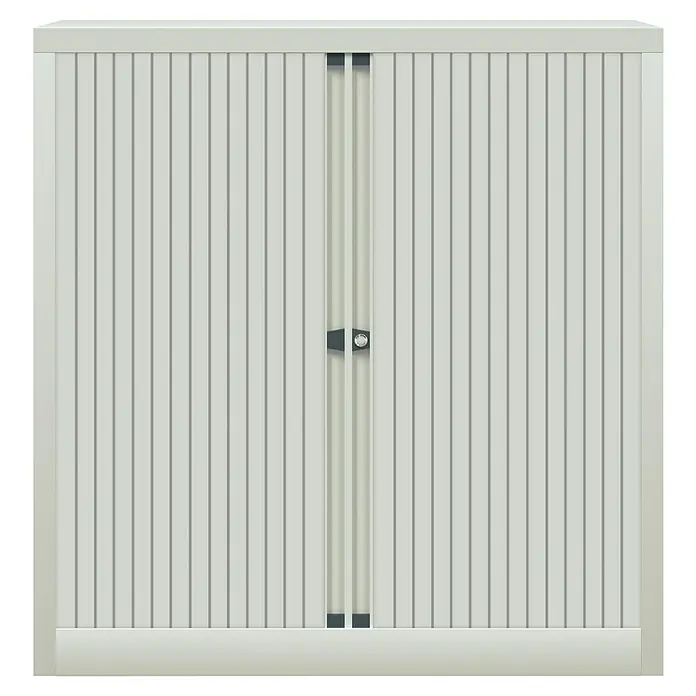 Bisley EuroTambor Armario multiusos metálico - L x An x Al: 45 x 100 x 100 cm, Gris, Puertas correderas, Completamente montado - Puerta de garaje blanca con ranuras verticales y un cierre central para acceso seguro y protección del vehículo.