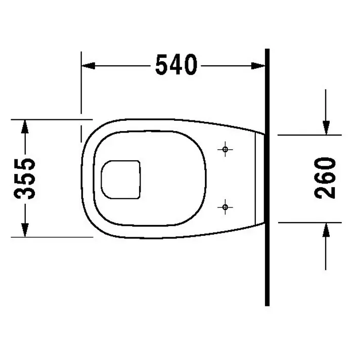 Duravit D-Code Wand-WC - Mit Spülrand, Mit antibakterieller Glasur, Spülform: Flach, WC Abgang: Waagerecht, Weiß - Draufsicht einer Toilette mit Maßangaben (540 x 355 x 260 mm) zur Veranschaulichung der Abmessungen.