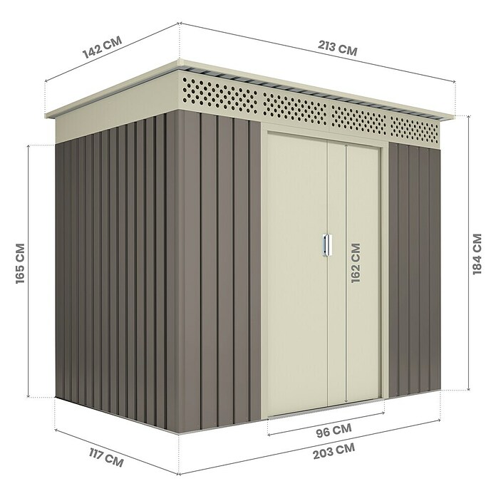 Hoggar Gerätehaus Nyköp (Außenmaß inkl. Dachüberstand (B x T): 213 x 142 cm, Taupe, Stahl, Grundfläche: 3,02 m²) | BAUHAUS