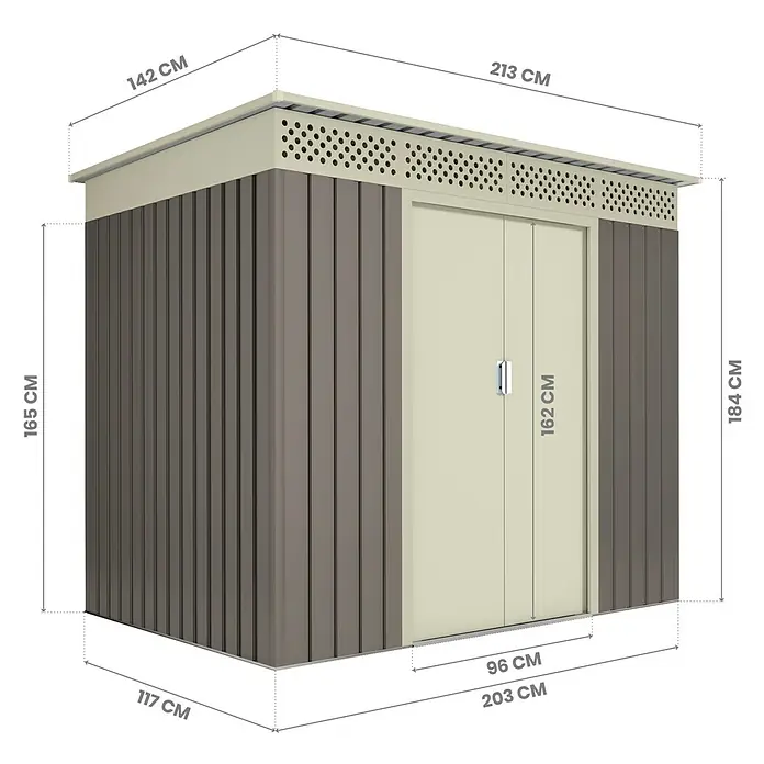 Hoggar Caseta para jardín Nyköp - Medidas ext. (An x Pr): 213 x 142 cm, Beige, Acero, Área: 3,02 m² - Imagen de una caseta de jardín con indicaciones de tamaño. La caseta es gris y beige y tiene un sistema de doble puerta.