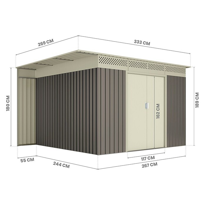 Hoggar Gerätehaus Örebro (Außenmaß inkl. Dachüberstand (B x T): 333 x 269 cm, Taupe, Stahl, Grundfläche: 8,96 m²) | BAUHAUS