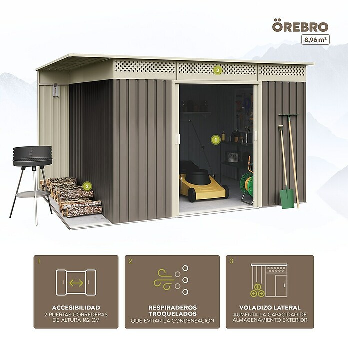 Hoggar Caseta para jardín Örebro (Medidas ext. (An x Pr): 333 x 269 cm, Beige, Acero inoxidable, Área: 8,96 m²) | BAUHAUS
