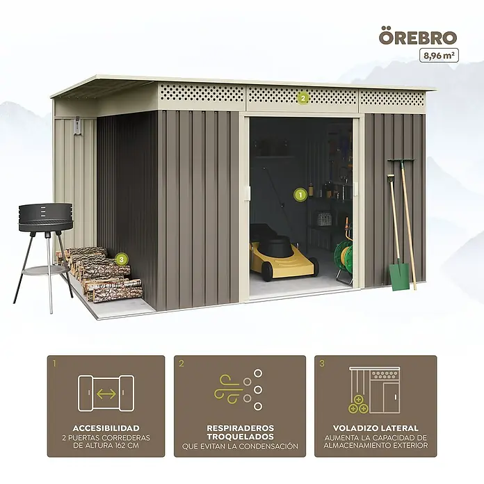 Hoggar Caseta para jardín Örebro - Medidas ext. (An x Pr): 333 x 269 cm, Beige, Acero, Área: 8,96 m² - Imagen de una caseta de jardín Örebro con puertas correderas, sistema de ventilación y alero lateral para almacenamiento exterior adicional.