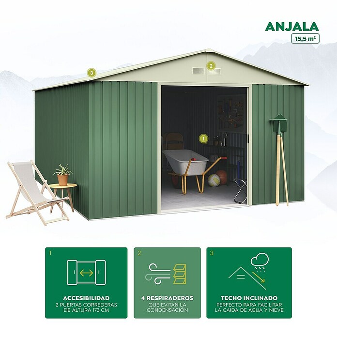 Hoggar Caseta para jardín Anjala (Medidas ext. (An x Pr): 343 x 452 cm, Verde, Metal, Área: 15,5 m²) | BAUHAUS