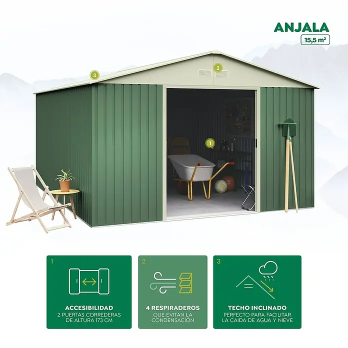 Hoggar Caseta para jardín Anjala - Medidas ext. (An x Pr): 343 x 452 cm, Verde, Metal, Área: 15,5 m² - Caseta de herramientas Anjala verde y espaciosa con doble puerta y techo inclinado para facilitar el acceso y protección contra la intemperie.
