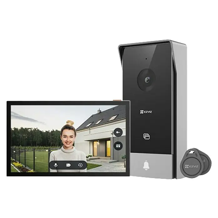 EZVIZ Videoportero en color Smart HP5 - Rango de visión nocturna: 6 m, Negro - Timbre inteligente EZVIZ con pantalla, sistema de intercomunicación y dos llaveros para control de acceso seguro.