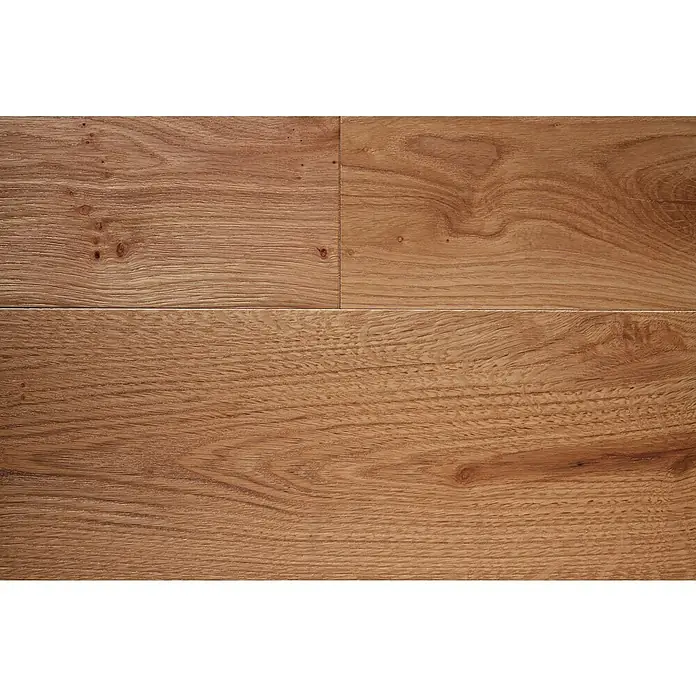 Parkettmuster Eiche Matt - 300 x 190 x 14 mm, Landhausdiele - Nahaufnahme von drei hellbraunen Holzparkettböden mit Maserung. Die Oberfläche ist glatt und weist natürliche Astlöcher auf.