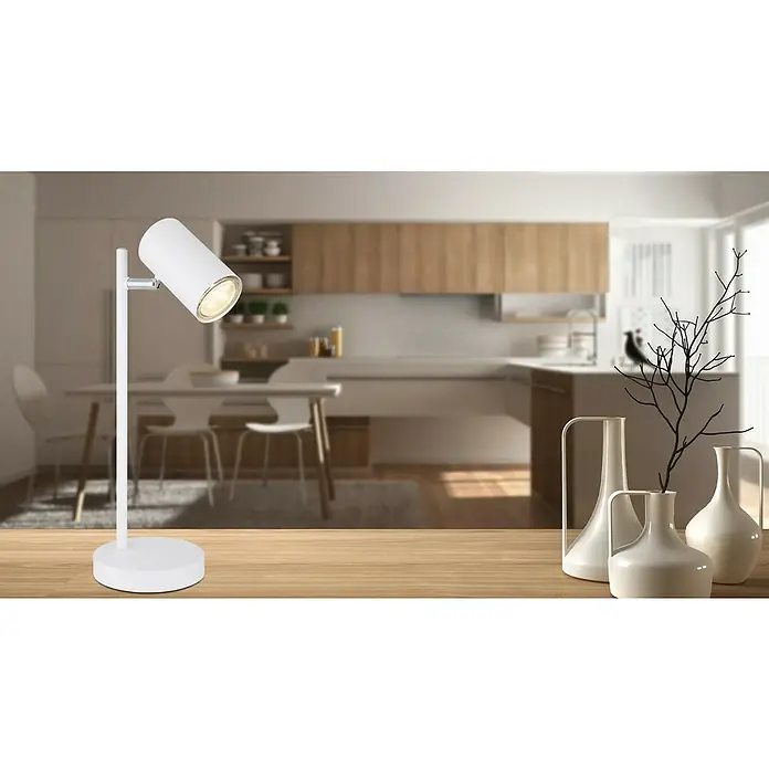Globo Lámpara de sobremesa LED Robby - 5 W, L x An x Al: 12 x 12 x 35 cm, Blanco - Elegante lámpara de mesa blanca con cabezal ajustable, perfecta para escritorios y mesitas de noche, proporcionando iluminación.
