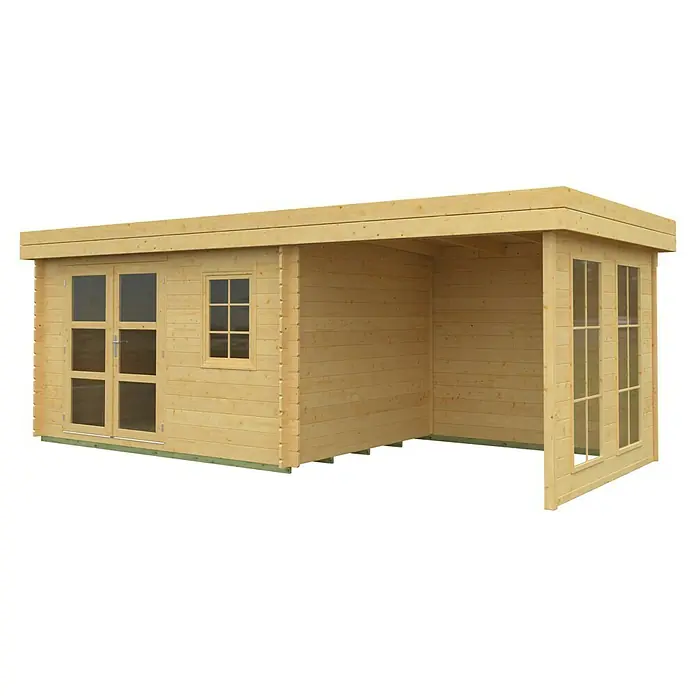 Kiehnholz Gartenhaus Lounge 3 - Außenmaß inkl. Dachüberstand (B x T): 605 x 282 cm, Holz, Natur - Das Bild zeigt ein modernes Holzgartenhaus mit großen Fenstern und einer überdachten Veranda, ideal für den Garten.