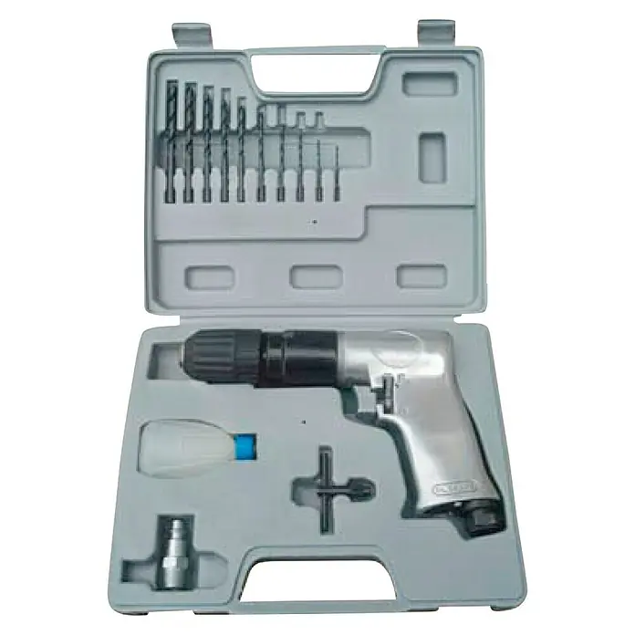 MPC Atornillador neumático EN-R222 -  - Un maletín de herramientas gris con un taladro neumático, brocas, un recipiente de aceite y un destornillador.