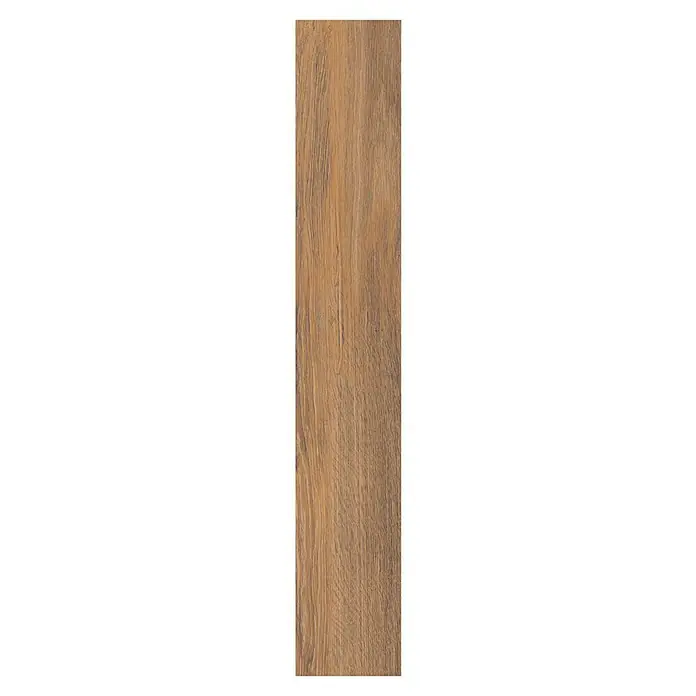 Feinsteinzeugfliese Mersin - 19,3 x 120,2 cm, Creme, Matt - Nahaufnahme einer einzelnen Holzdiele mit Maserung. Das natürliche Design und die warme Farbe verleihen der Diele Charakter.