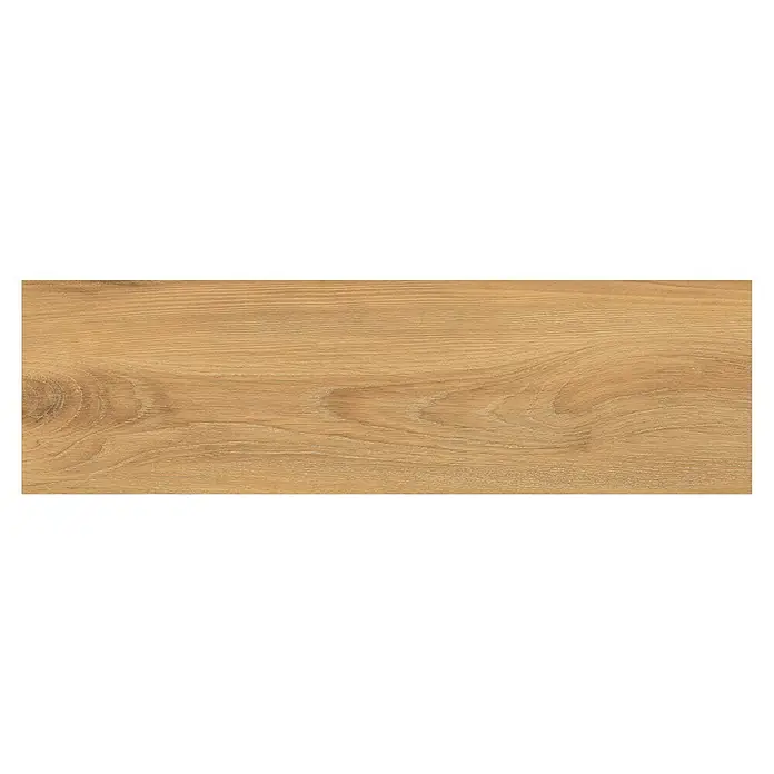 Feinsteinzeugfliese Sealwood - 17,5 x 60 cm, Creme, Matt - Nahaufnahme einer hellbraunen Holzfliese mit ausgeprägter Maserung, ideal für rustikale und natürliche Innenräume.