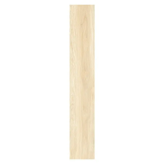 Feinsteinzeugfliese Mersin - 19,3 x 120,2 cm, Creme, Matt - Helle Holzoptik-Fliese für Bodenbeläge. Die lange, schmale Fliese zeigt eine natürliche Holzmaserung und eine warme, einladende Farbgebung.