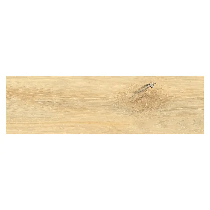 Feinsteinzeugfliese Sealwood - 17,5 x 60 cm, Creme, Matt - Nahaufnahme einer hellen Holzoberfläche mit deutlicher Maserung und einem Astloch, das die natürliche Textur hervorhebt.