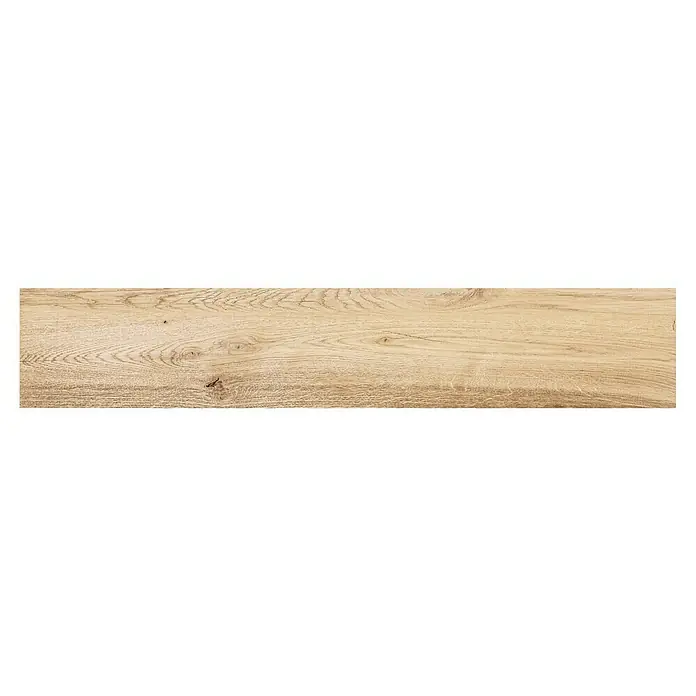 Steingutfliese Mini York - 60 x 11 cm, Sand, Matt - Nahaufnahme eines Holzbrett-Dekors mit einer feinen Maserung in hellbraunen Farbtönen, ideal für Möbel und Bodenbeläge.