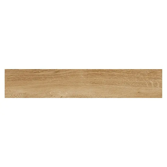 Steingutfliese Mini York - 60 x 11 cm, Sabbia, Matt - Nahaufnahme einer Holzplanke mit Maserung. Das Holz weist ein warmes, goldenes Farbschema auf, das seine Textur und natürliche Schönheit hervorhebt.