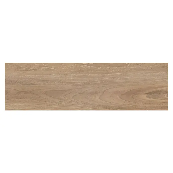 Feinsteinzeugfliese Sealwood - 17,5 x 60 cm, Mist, Matt - Nahaufnahme einer hellbraunen Holzplatte mit einer markanten Maserung und subtilen Farbvariationen für einen warmen, natürlichen Look.