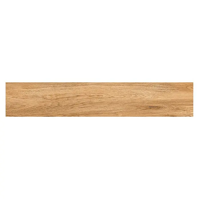 Steingutfliese Mini York - 60 x 11 cm, Honey, Matt - Nahaufnahme einer einzelnen, länglichen, honigfarbenen Keramikfliese in Holzoptik mit einer sichtbaren Aststelle.