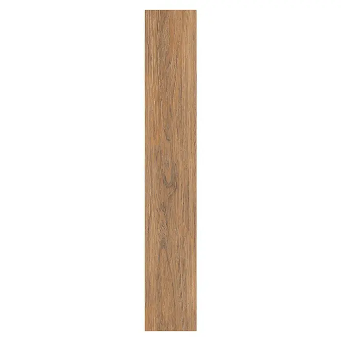 Feinsteinzeugfliese Mersin - 19,3 x 120,2 cm, Brown, Matt - Nahaufnahme eines dekorativen Holzpaneels in warmen Brauntönen mit ausgeprägter Maserung und natürlicher Textur.