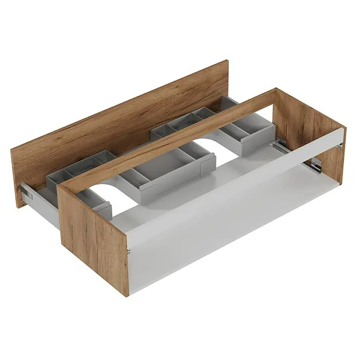 Camargue Espacio Waschtischunterschrank - 120 x 46 x 30 cm, Doce - Eine geöffnete Schublade mit Trennwänden und einem Holzrahmen ist in einem Winkel dargestellt.
