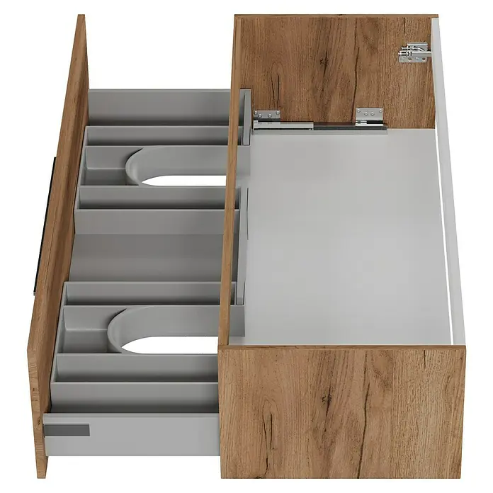 Camargue Espacio Waschtischunterschrank - 120 x 46 x 30 cm, Doce - Bild eines Treppenregals mit hellgrauen Schubladen und einem Holzrahmen. Das Regal ist modern und funktional.