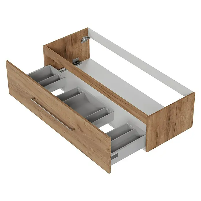 Camargue Espacio Waschtischunterschrank - 120 x 46 x 30 cm, Doce - Ein offener Badezimmerschrank mit einer Schublade, die Fächer enthält, in einer Holzoptik für das Badezimmer.