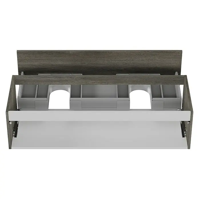 Camargue Espacio Waschtischunterschrank - 120 x 46 x 30 cm, Faro - Nahaufnahme eines modernen Möbelschranks mit Holzoberfläche und weißen Schubladen, ideal für stilvolle Aufbewahrungslösungen.