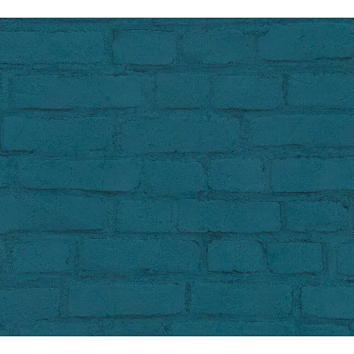 A.S. Création Neue Bude 2.0 ED II Vliestapete Steine - Dunkelblau, Steinoptik, 10,05 x 0,53 m - Nahaufnahme einer blau gestrichenen Backsteinmauer, die eine rustikale und moderne Ästhetik vereint.\n