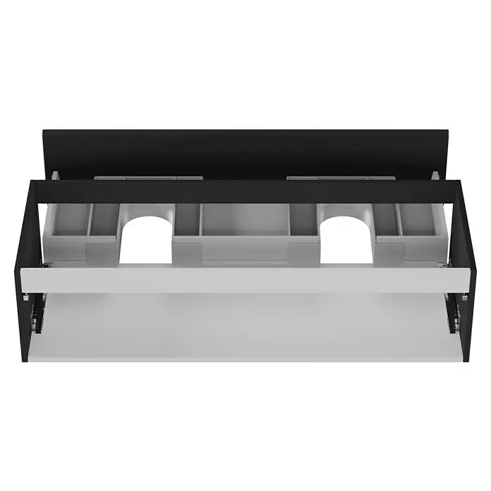 Camargue Espacio Waschtischunterschrank - 120 x 46 x 30 cm, Gama anthrazit matt - Eine Nahaufnahme einer ausziehbaren Schublade in einem Schrank, die das Design und die Funktionalität des Möbelstücks hervorhebt.