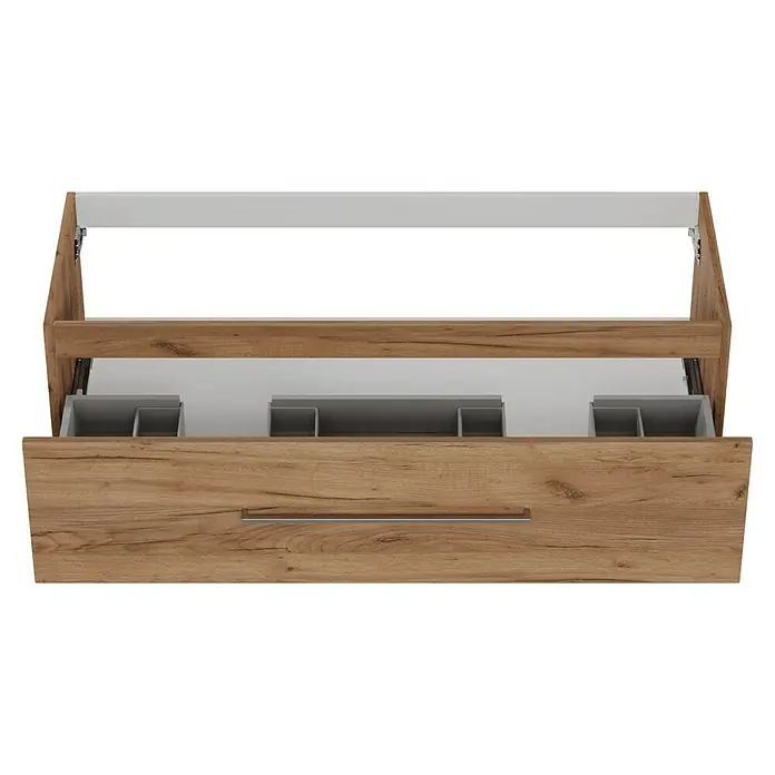 Camargue Espacio Waschtischunterschrank - 120 x 46 x 30 cm, Doce - Offene Holzschublade mit mehreren grauen Fächern zur Aufbewahrung von Gegenständen. Die Schublade hat einen silbernen Griff.