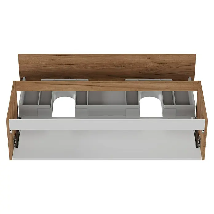 Camargue Espacio Waschtischunterschrank - 120 x 46 x 30 cm, Doce - Ansicht einer offenen Kommode mit Ablagefächern und einer weißen Schublade darunter, alles in einem Holzrahmen.