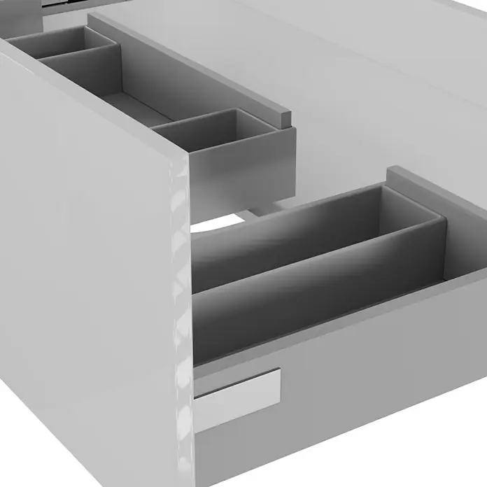 Camargue Espacio Waschtischunterschrank - 120 x 46 x 30 cm, Mira - Offene Schubladen eines modernen Badezimmerschranks in glänzendem Weiß mit grauen Inneneinteilungen für stilvolle Ordnung.