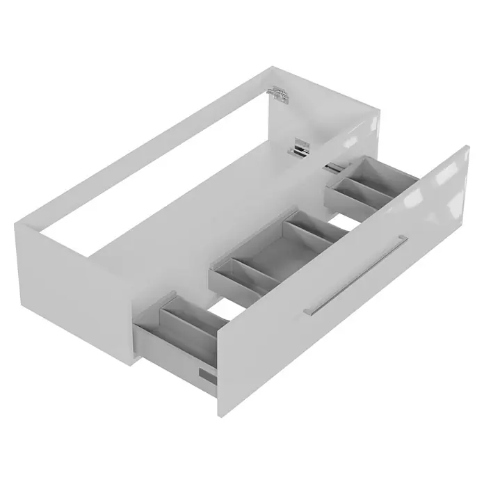 Camargue Espacio Waschtischunterschrank - 120 x 46 x 30 cm, Mira - Abbildung eines weißen Badezimmerschranks mit zwei offenen Schubladen mit Inneneinteilungen.