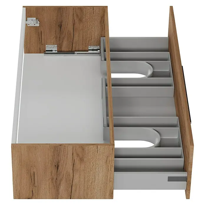 Camargue Espacio Waschtischunterschrank - 120 x 46 x 30 cm, Doce - Ein offener Holzschrank mit grauen Schubladen bietet viel Stauraum. Das moderne Design integriert sich nahtlos in jeden Raum.