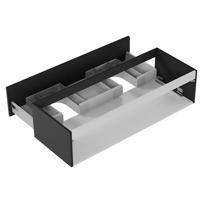 Camargue Espacio Waschtischunterschrank - 120 x 46 x 30 cm, Gama anthrazit matt - Ein offener Schubladeneinsatz in Schwarz und Weiß mit Fächern zur Aufbewahrung, ideal für Ordnung im Zuhause.